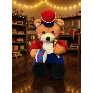 Vintage 1993 Plush Toy Soldier Bear 14.5”  Drum & Candy Cane Red Blue Gold Velve